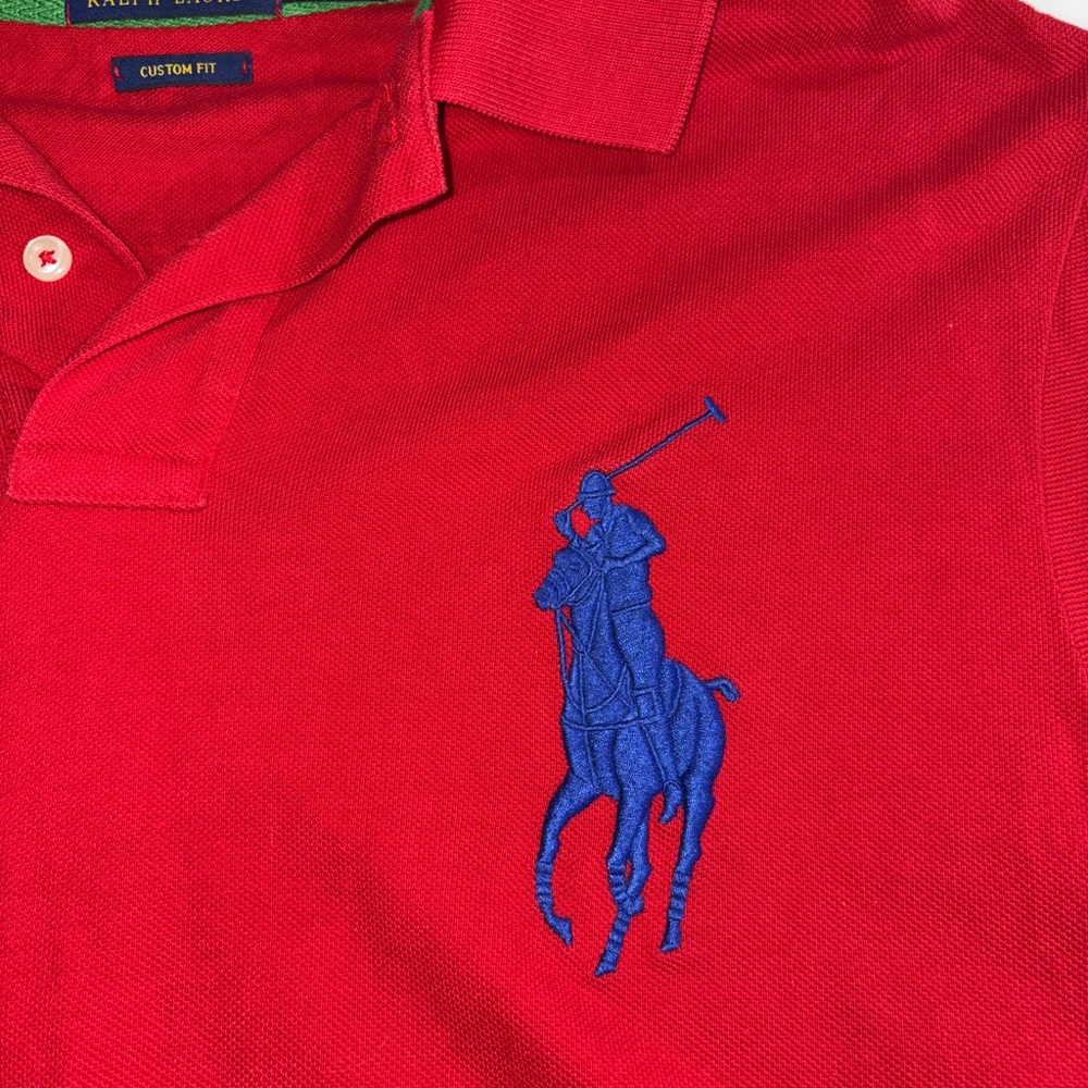 Ralph Lauren Red Polo Shirt with large Blue Logo American flag - Picture 5 of 8